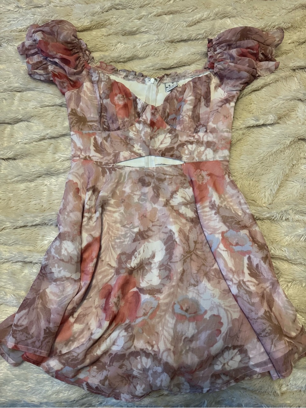 Angel Biba Pink Brown Floral Puff-Sleeve Cutout Mini Dress - Picture 1 of 11
